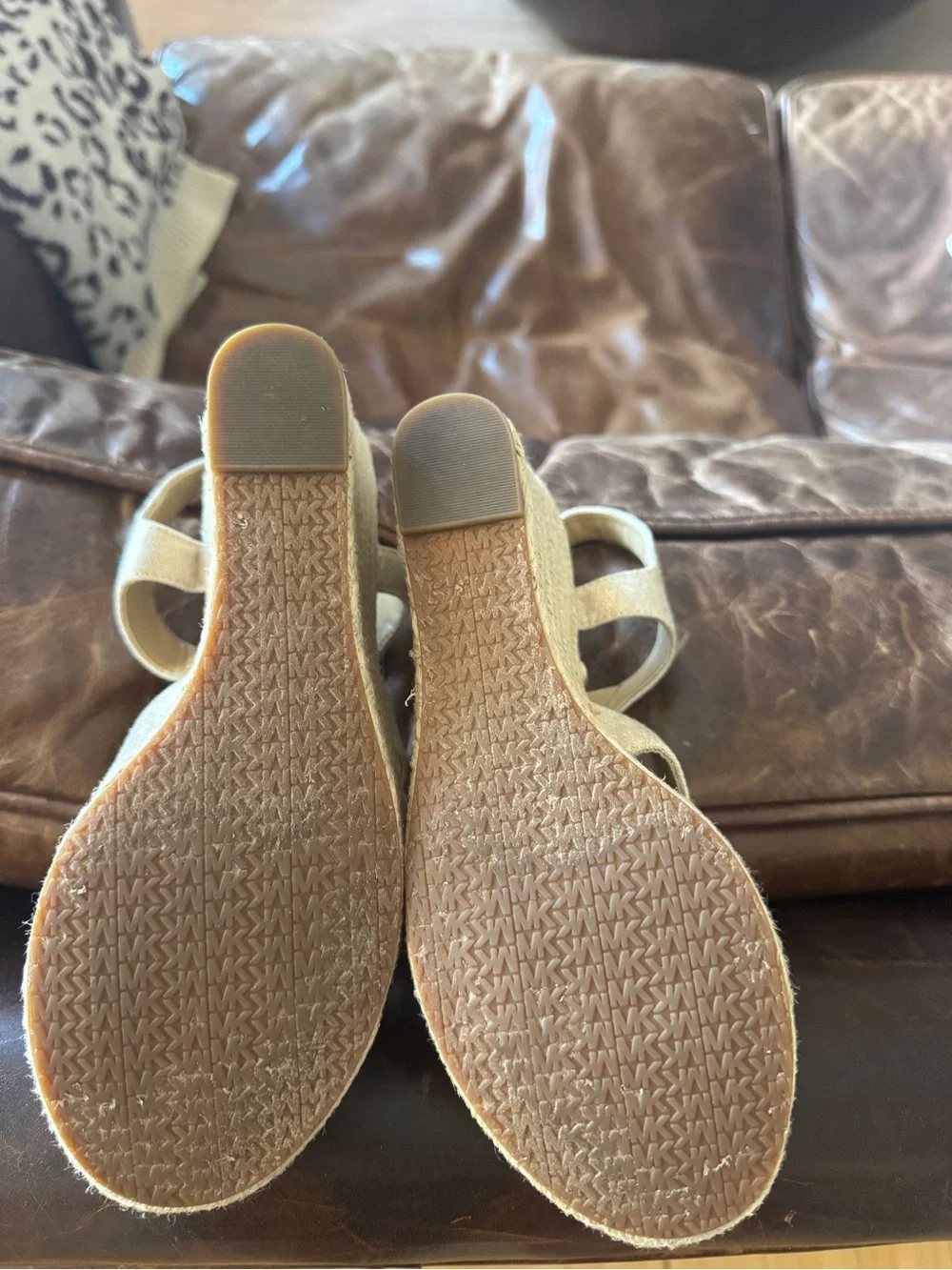 Womens Beige Linen Zip Front Wedge Sandals